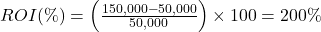  ROI (\%) = \left( \frac{150,000 - 50,000}{50,000} \right) \times 100 = 200\% 